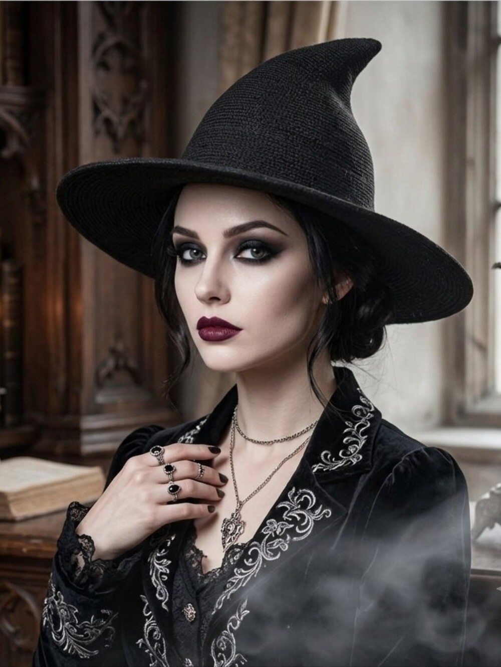 Black Witch Hat for Women 100% Polyester Woven Bucket‎ Style Cap